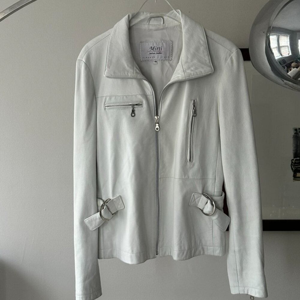 VINTAGE WHITE LEATHER ZIP UP MOTO JACKET - Picture 4 of 7